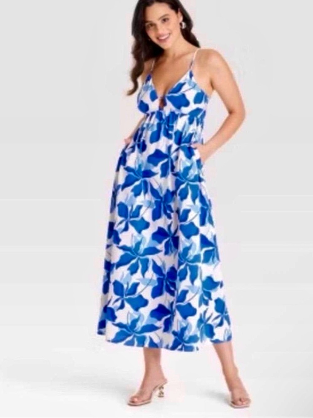 A New Day Blue and White Floral Spaghetti-Strap Midi Dress